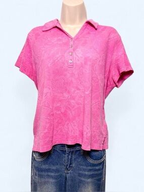Hot Pink Floral Hisbiscus Print Polo Top Beach Coverup XL